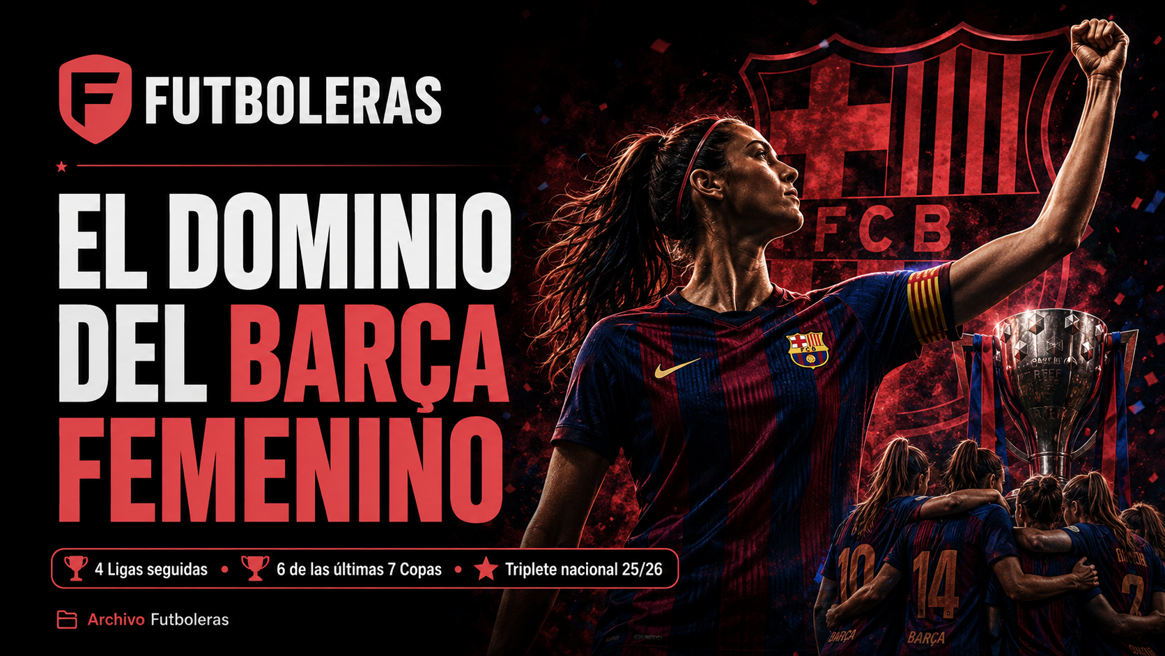 Infografía de Futboleras sobre el dominio reciente del FC Barcelona femenino: cuatro Ligas F consecutivas, seis de las últimas siete Copas de la Reina y triplete nacional en la temporada 2025/26 con Liga, Copa y Supercopa.