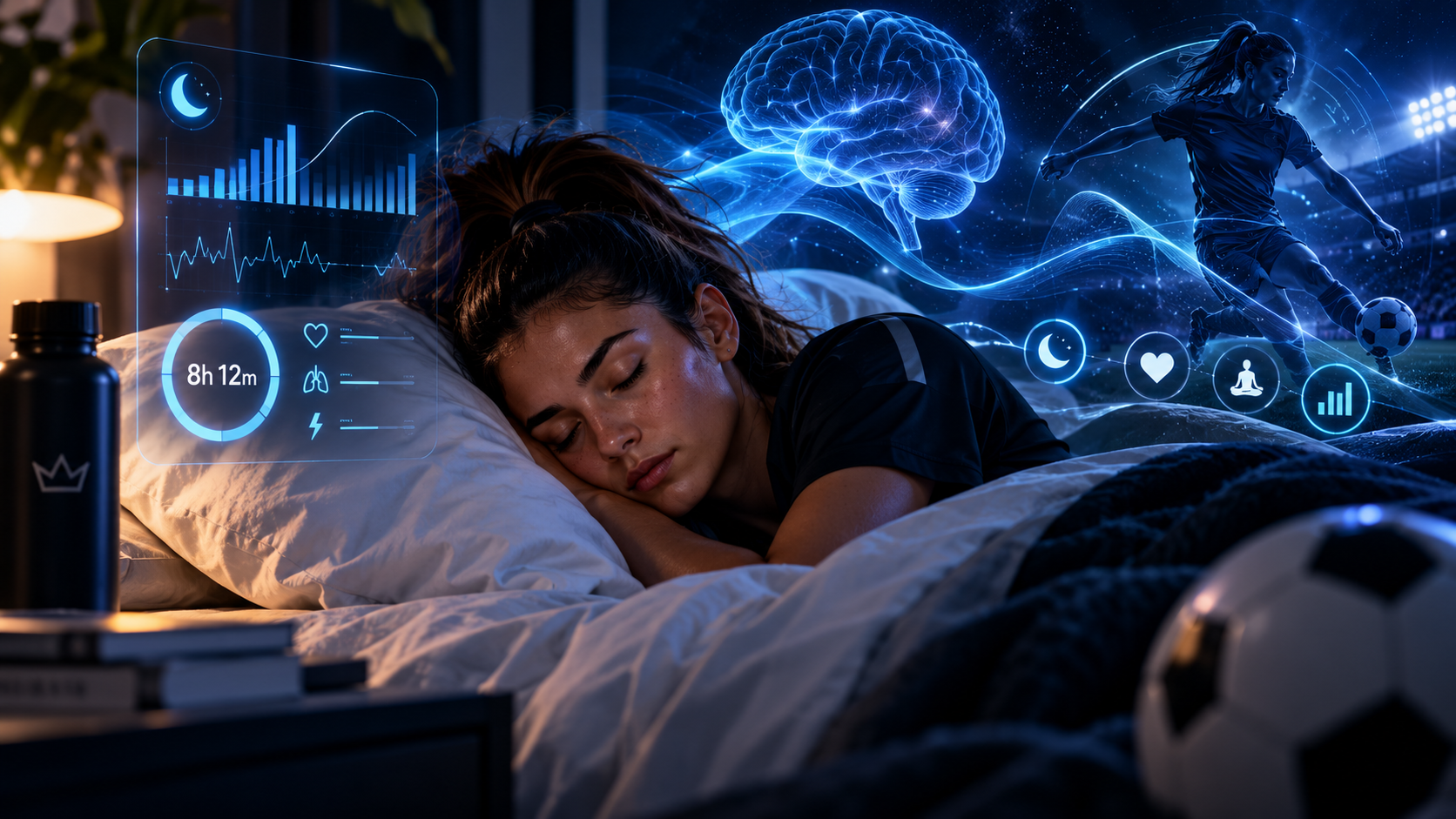 Futbolista durmiendo con datos de sueño y recuperación proyectados