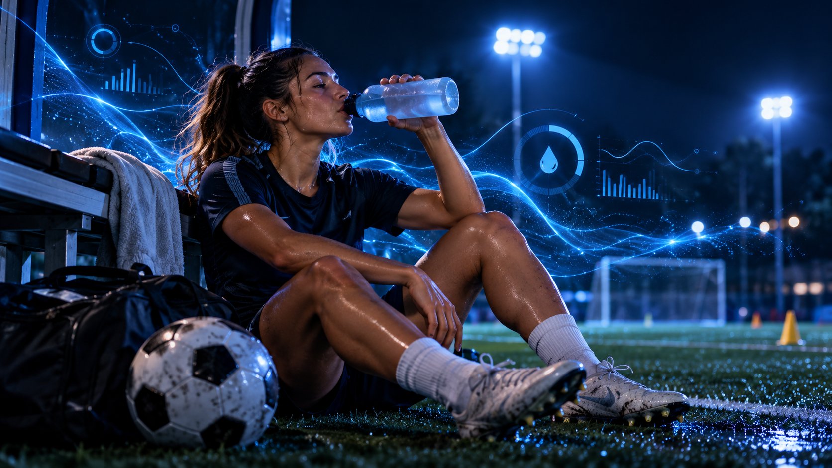 Futbolista bebiendo agua sentada en el césped tras un entrenamiento nocturno