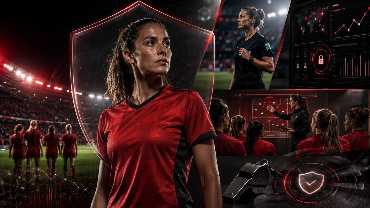 Futbolista protegida por un escudo digital junto a paneles de datos y monitorización de integridad deportiva