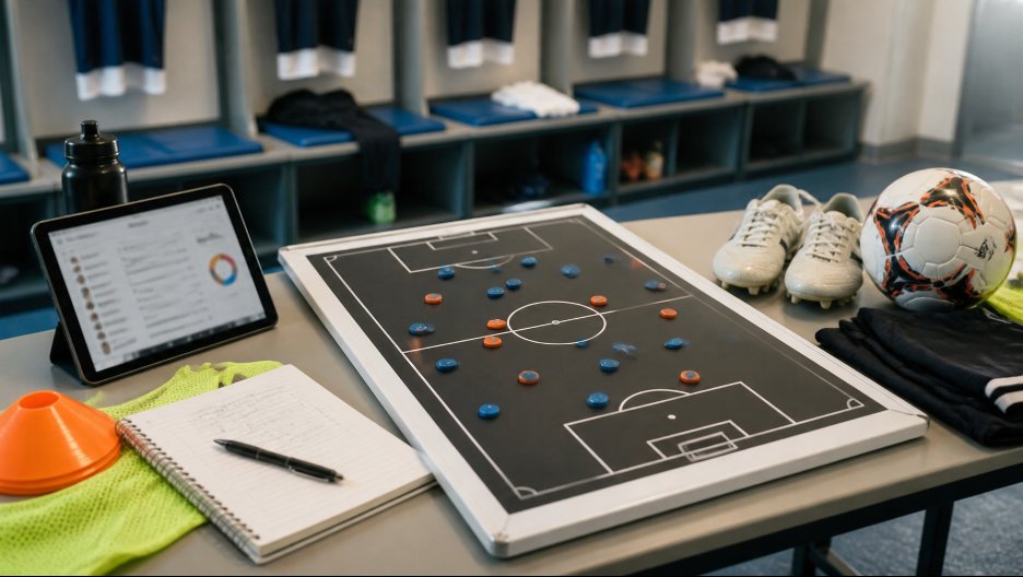 Pizarra táctica de fútbol, tablet, cuaderno y botas sobre una mesa en un vestuario